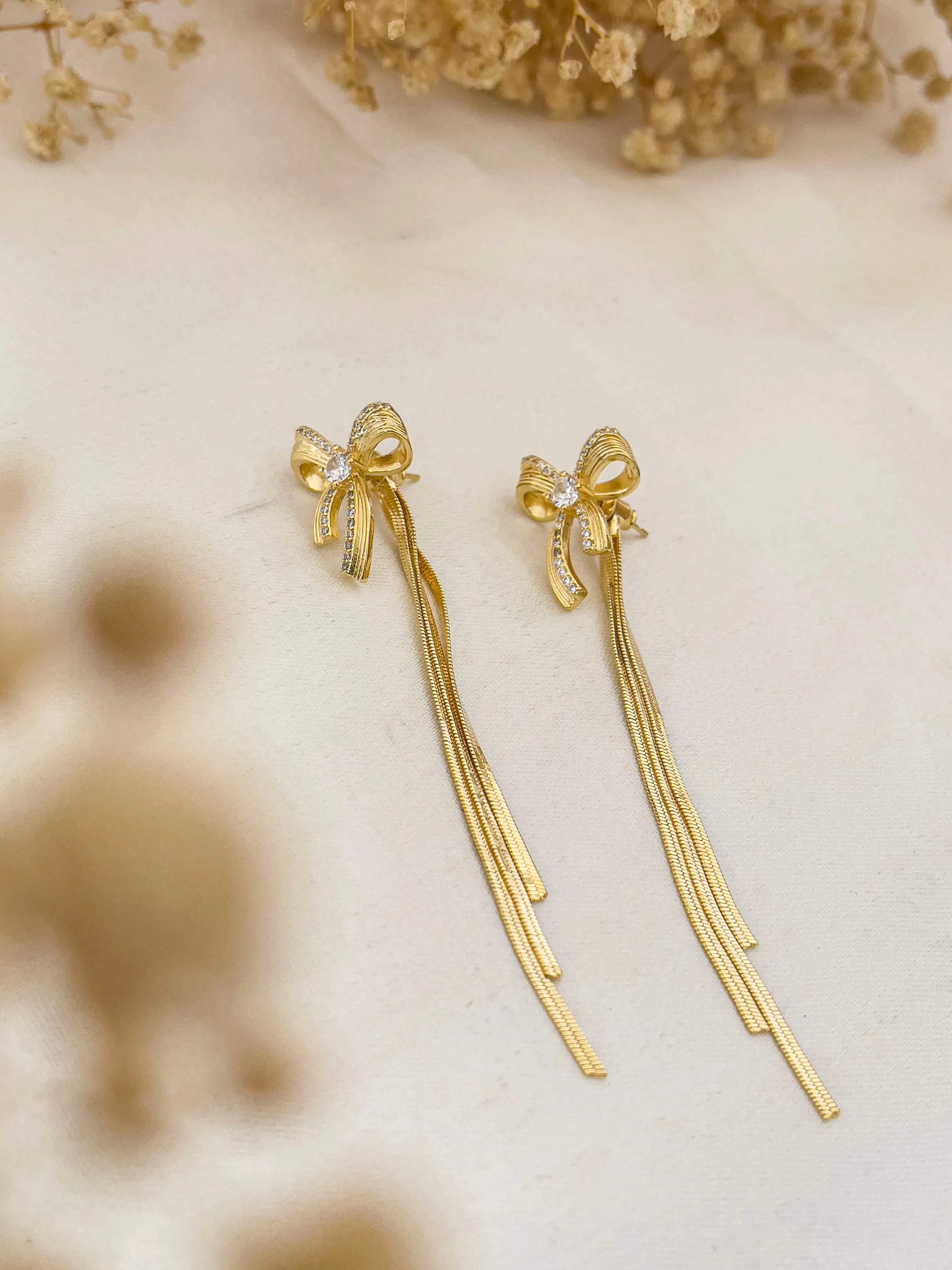 Stainless Steel Gold Long Bow Earrings