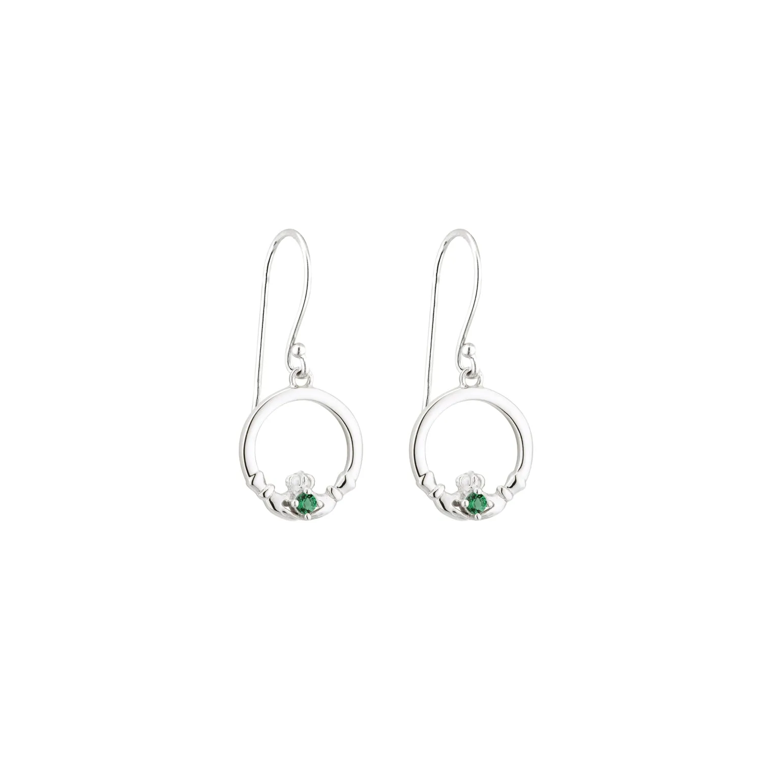 Sterling Silver Claddagh Drop Earrings with Emerald Stone Hearts