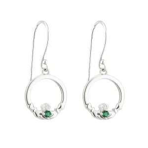 Sterling Silver Claddagh Drop Earrings with Emerald Stone Hearts