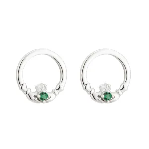 Sterling Silver Claddagh Earrings with Emerald Green Hearts