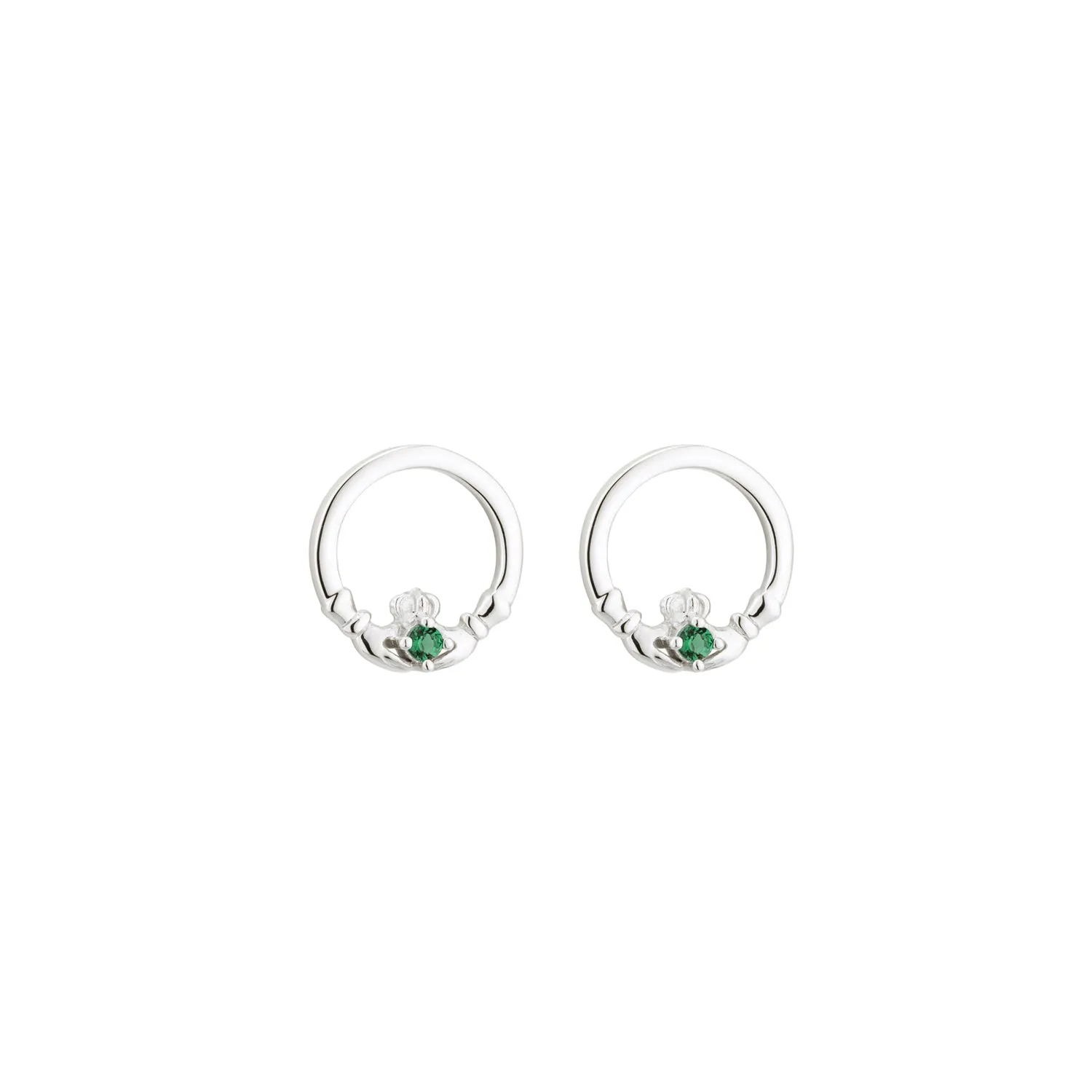 Sterling Silver Claddagh Earrings with Emerald Green Hearts