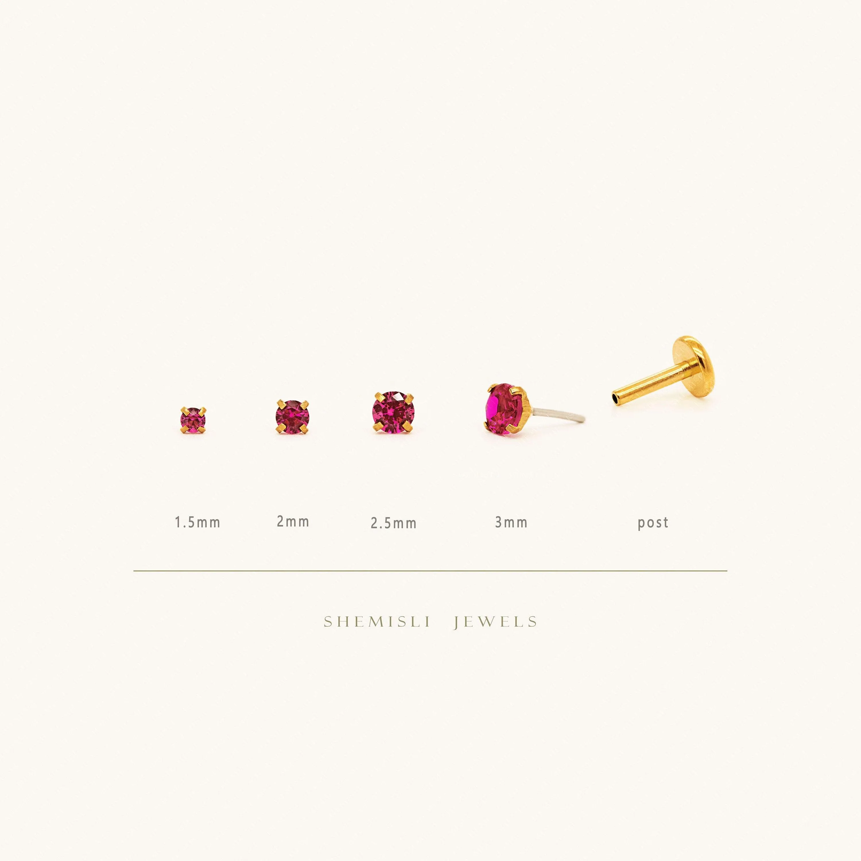 Tiny Ruby Gold Threadless Flat Back Earrings, Nose Stud, July Birthstone, 20,18,16ga, 5-10mm, Surgical Steel SS613 SS614 SS615 SS616