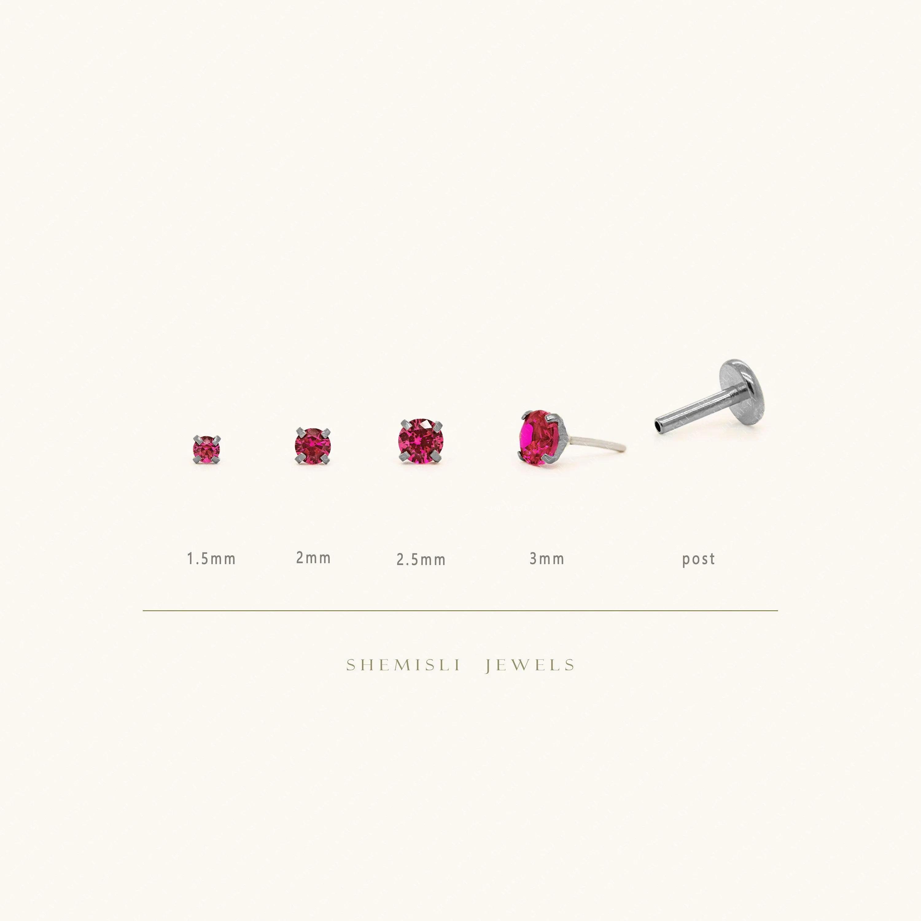 Tiny Ruby Steel Threadless Flat Back Earrings, Nose Stud, July Birthstone, 20,18,16ga, 5-10mm, Surgical Steel SS613 SS614 SS615 SS616