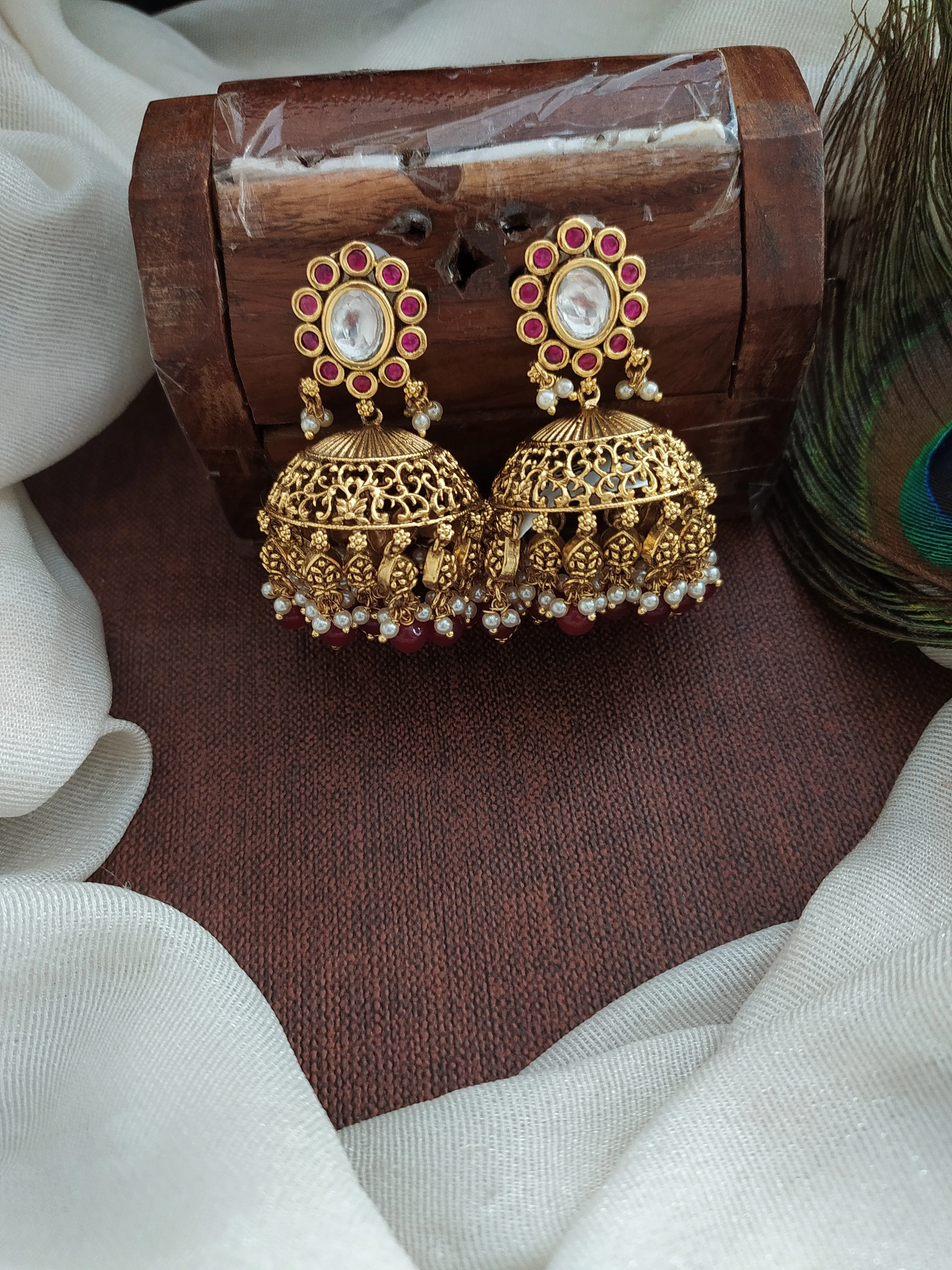 Traditional Design Antique Floral Studded Jhumki