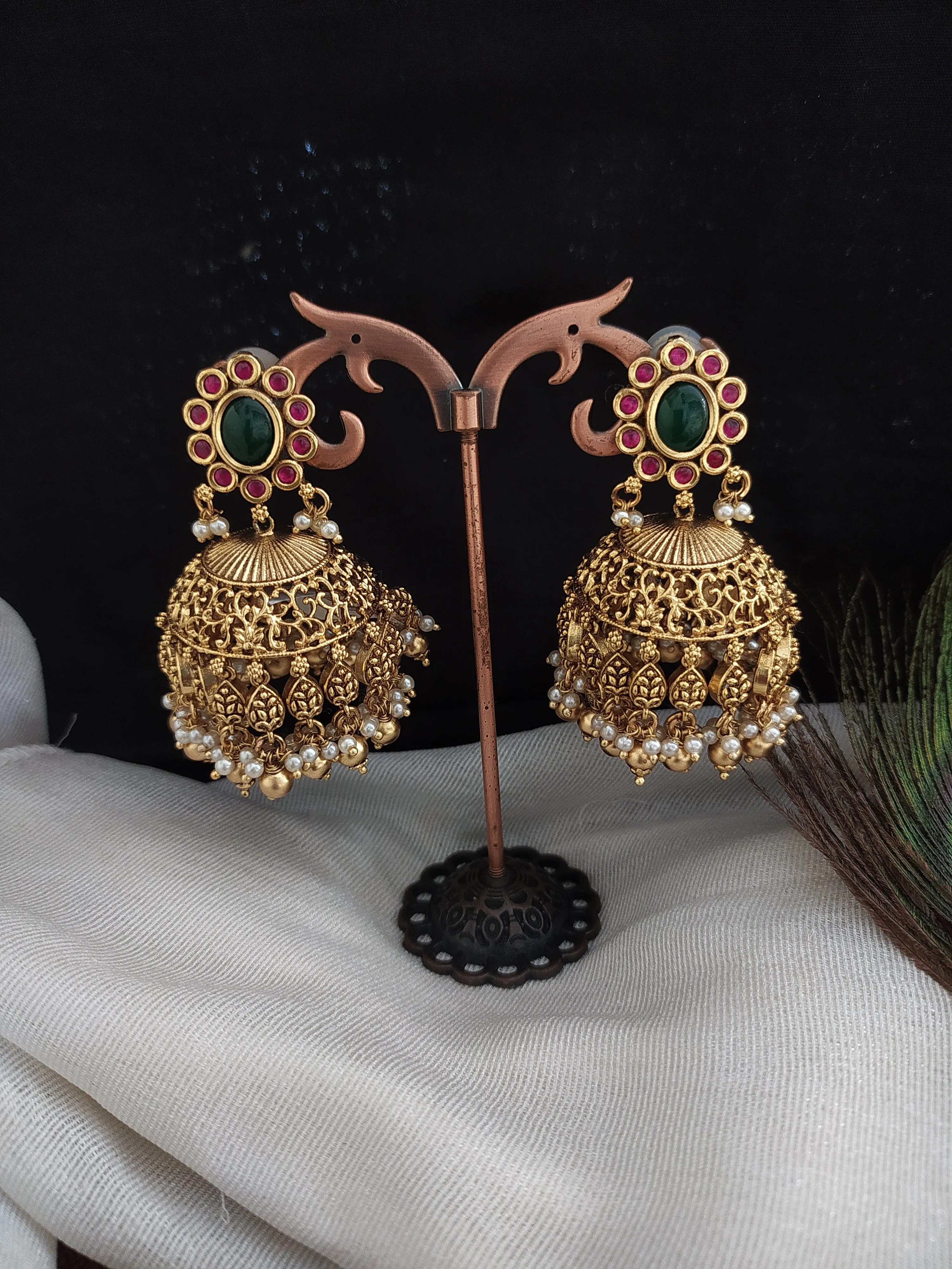 Traditional Design Antique Floral Studded Jhumki