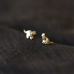 VAIGE 925 Sterling Silver Cat Stud Earrings with Zircon and 14K Gold Plating - Cute and Elegant Jewelry