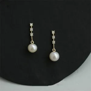 VAIGE 925 Sterling Silver Shiny Microset Zircon Pearl Stud Earrings for Elegant Occasions