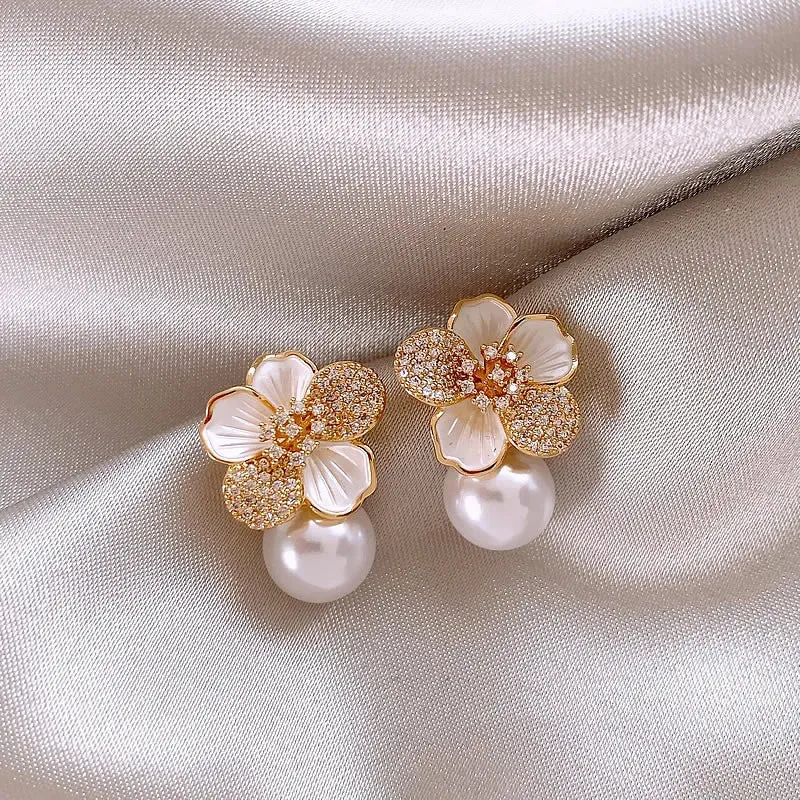 VAIGE French Light Luxury Micro Set Zircon White Enamel Camellia Pearl Drop Earrings - Classic Fashion Jewelry Accessories