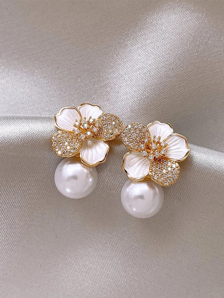 VAIGE French Light Luxury Micro Set Zircon White Enamel Camellia Pearl Drop Earrings - Classic Fashion Jewelry Accessories