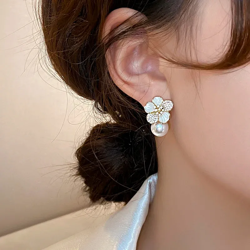 VAIGE French Light Luxury Micro Set Zircon White Enamel Camellia Pearl Drop Earrings - Classic Fashion Jewelry Accessories