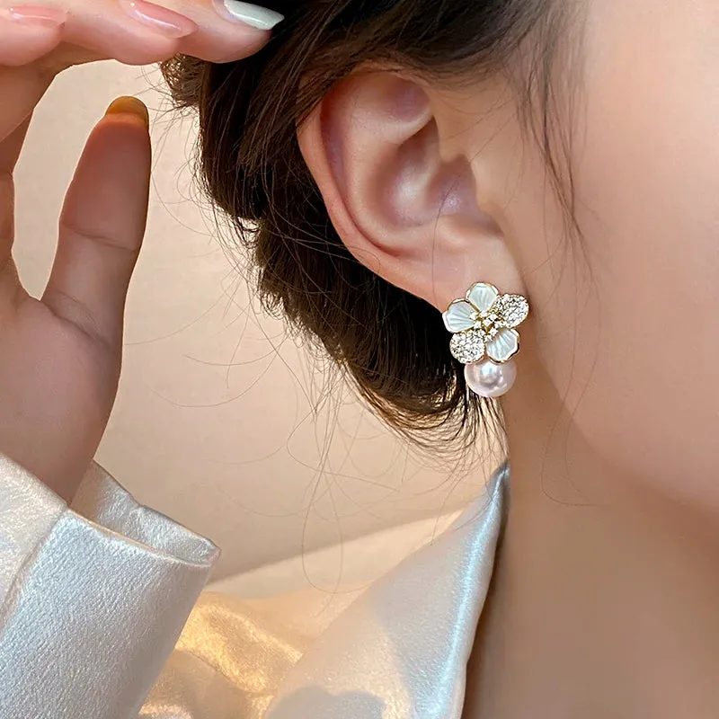 VAIGE French Light Luxury Micro Set Zircon White Enamel Camellia Pearl Drop Earrings - Classic Fashion Jewelry Accessories