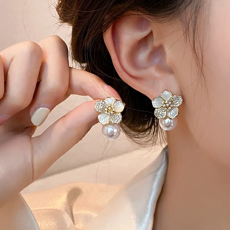 VAIGE French Light Luxury Micro Set Zircon White Enamel Camellia Pearl Drop Earrings - Classic Fashion Jewelry Accessories