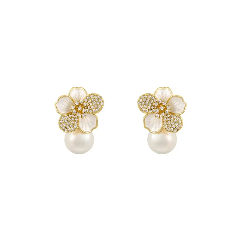 VAIGE French Light Luxury Micro Set Zircon White Enamel Camellia Pearl Drop Earrings - Classic Fashion Jewelry Accessories