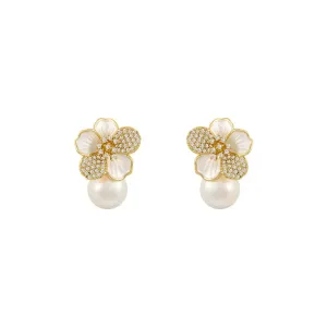 VAIGE French Light Luxury Micro Set Zircon White Enamel Camellia Pearl Drop Earrings - Classic Fashion Jewelry Accessories