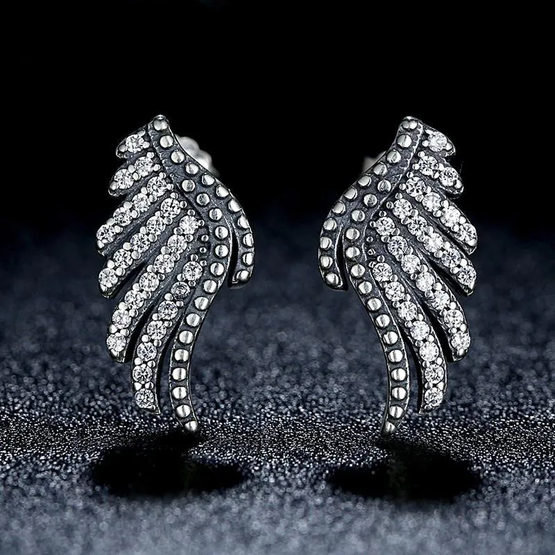 Vintage Authentic 100% 925 Sterling Silver Majestic Feathers Phoenix-Wing Stud Earrings With White Clear CZ