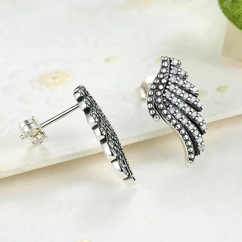 Vintage Authentic 100% 925 Sterling Silver Majestic Feathers Phoenix-Wing Stud Earrings With White Clear CZ