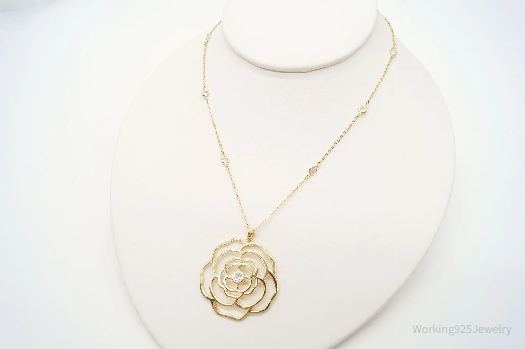 Vintage Cubic Zirconia Gold Vermeil Sterling Silver Flower Necklace 18"