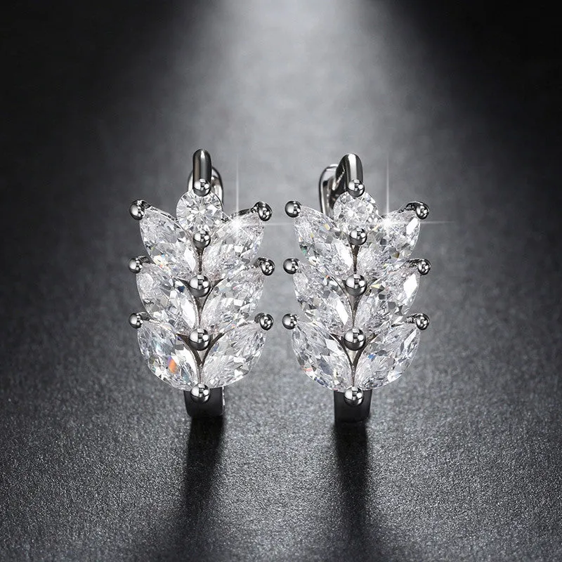 Vintage Leaf Design Earring with Luxury AAA Marquise Cut Austrian CZ Crystal Platinum Plated Earrings for Girls Gift