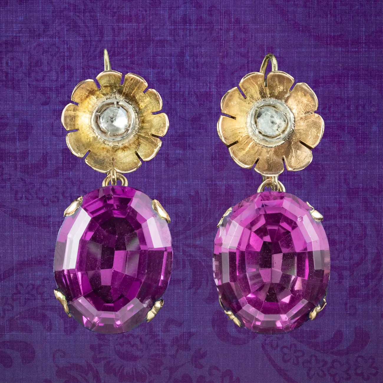 Vintage Synthetic Alexandrite Diamond Drop Earrings 14ct Gold