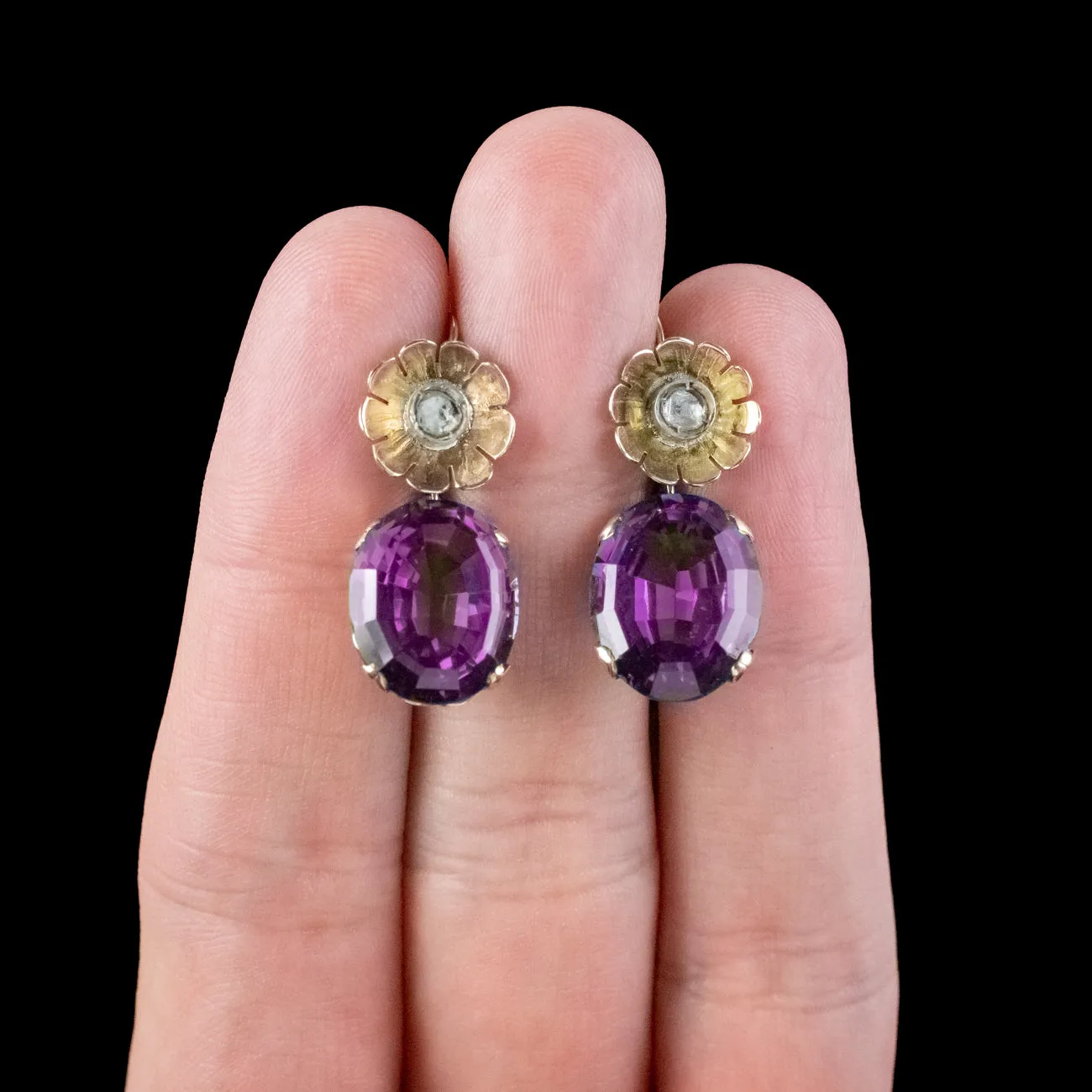 Vintage Synthetic Alexandrite Diamond Drop Earrings 14ct Gold