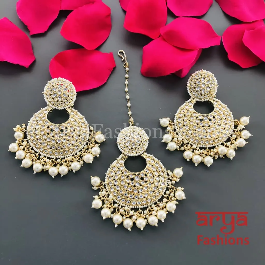 White Mang Tika and Big Chandbali Earrings Combo Set