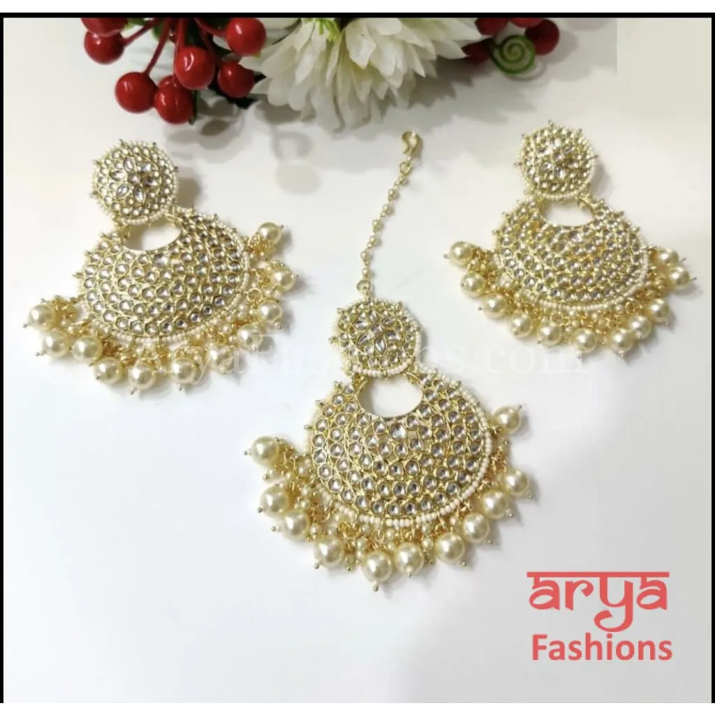 White Mang Tika and Big Chandbali Earrings Combo Set